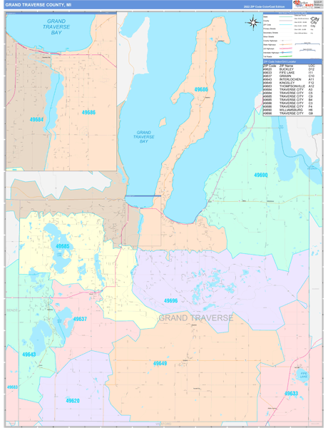 Grand Traverse County, MI Wall Map Color Cast Style